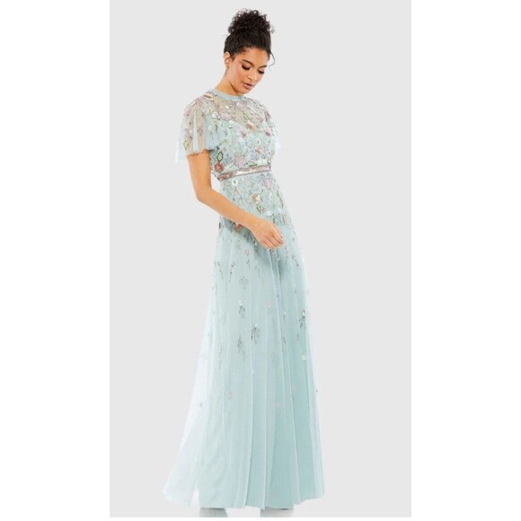 NWT $598 Mac Duggal [ 8 ] Embellished High Neck Butterfly Sleeve Gown Mint J195 - Picture 1 of 8